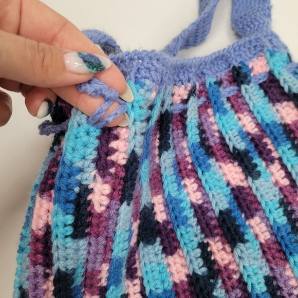 Knit Crochet Shoulder Bag Boho Artisan Hand Made Purse Satchel Purple Drawstring - Picture 12 of 14
